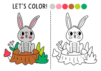 Fototapeta premium Forest coloring page for children with rabbit sitting on tree stump. Vector hare outline illustration. Color book with colored example. Drawing skills printable worksheet with woodland animal