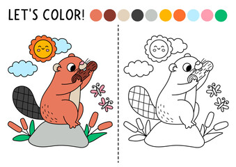 Fototapeta premium Forest coloring page for children with beaver sitting on stone. Vector wild nature outline illustration. Color book with colored example. Drawing skills printable worksheet with woodland animal