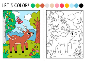 Fototapeta premium Forest coloring page with deer. Vector outline illustration with wild nature scene. Color book with colored example. Drawing printable worksheet with woodland animal, wildlife landscape