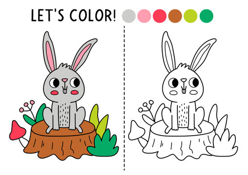 Forest coloring page for children with rabbit sitting on tree stump. Vector hare outline illustration. Color book with colored example. Drawing skills printable worksheet with woodland animal