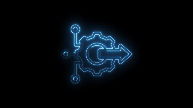 Neon blue glowing circuit gear with arrow pointing right symbolizing data flow process icon
