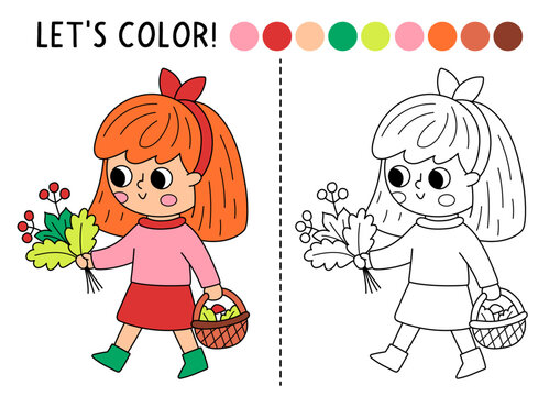 Forest coloring page for children with girl explorer with basket gathering berries, leaves. Vector line illustration. Color book with colored example. Drawing skills printable worksheet with kid