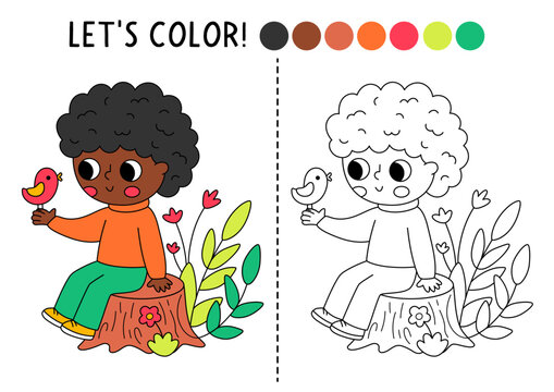 Forest coloring page for children with boy explorer sitting on tree stump with bird. Vector line illustration. Color book with colored example. Drawing skills printable worksheet with kid