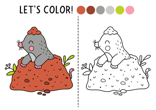 Forest coloring page for children with mole digging ground. Vector wild character outline illustration. Color book with colored example. Drawing skills printable worksheet with woodland animal