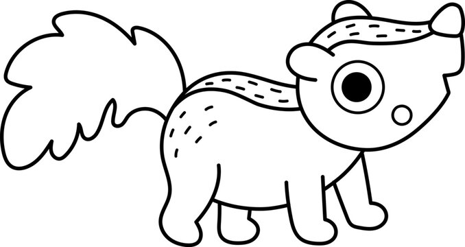 Vector black and white cartoon baby skunk isolated on white background. Line mephitis clipart. Cute forest animal little child icon for kids. Woodland coloring page. Woods wildlife illustration