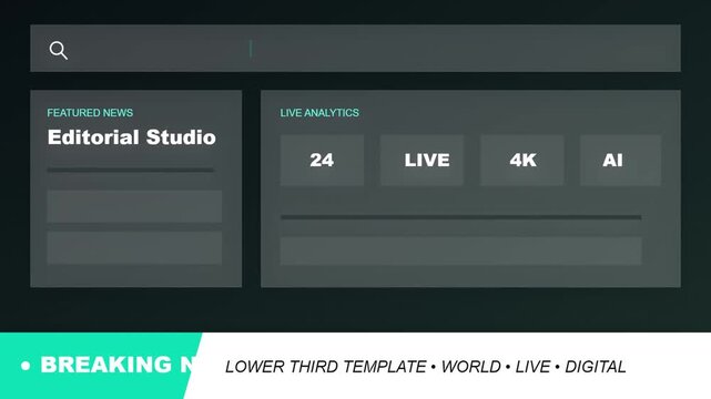 Editorial Studio broadcast interface, digital news dashboard with live analytics and AI data, professional lower third template for breaking news