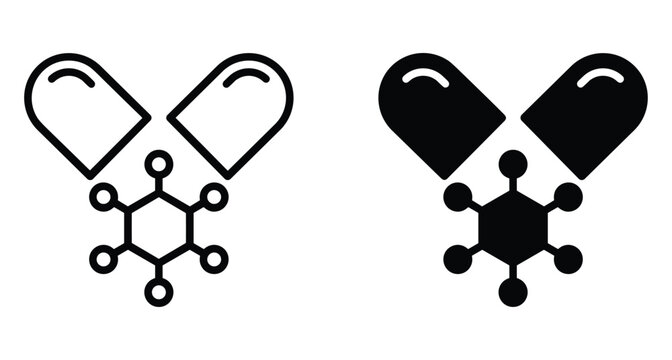 Medical capsule pill split open showing chemical molecular structure icon set in outline and solid black glyph style for pharmacy