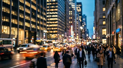 Obraz premium Blurry city street with busy traffic, blurred urban downtown commuters twilight scene