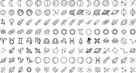 Massive bundle of celestial mystical line icons moon phases zodiac signs astronomy planets spaceships astronauts and galaxy doodles set © MdJamanur