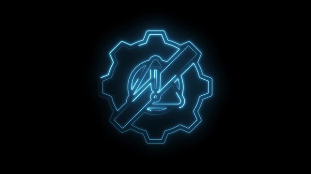 Neon blue gear with lightning bolt symbol crossed out representing no power no electricity icon