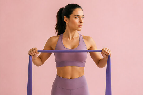 A fit young woman in athletic wear is performing an exercise with a resistance band against a plain pink background.