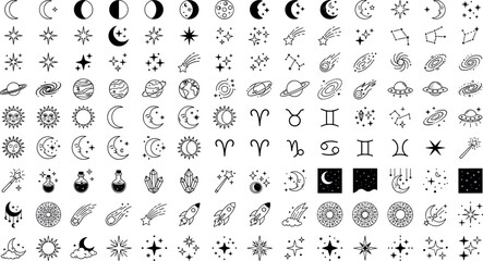 Massive bundle of celestial mystical line icons moon phases zodiac signs stars planets crystal potions and magic wand doodles set © MdJamanur