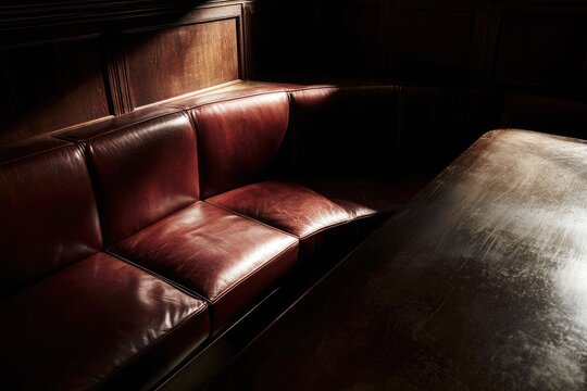 Dimly lit leather booth with a wooden table, casting shadows