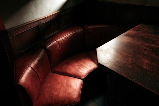 Dimly lit leather booth and dark wood table in a cozy corner