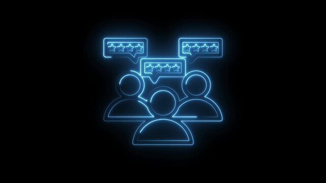 Glowing blue neon outline of three people icons with star rating speech bubbles above