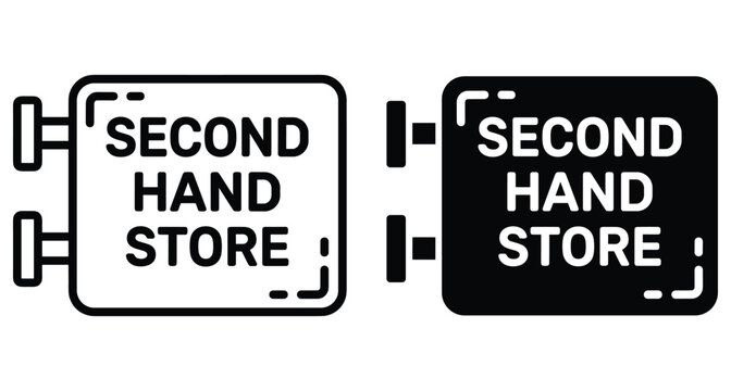 Second hand store sign icon set featuring outline and solid versions for retail shop front signage and business branding identity