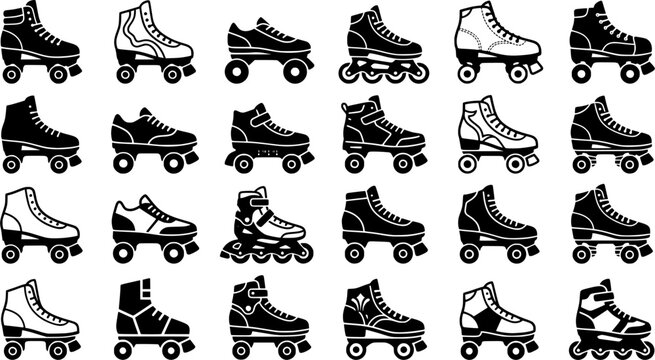 Roller Skate and Inline Skate Silhouette Icon Set with Classic Quad, Retro and Modern Boot Designs