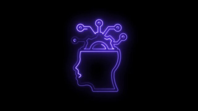 Neon glowing outline of human head with gear and circuit connections symbolizing artificial... icon