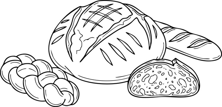 Fresh baked assorted bread loaves and slices vector illustration with bread slice, bakery products