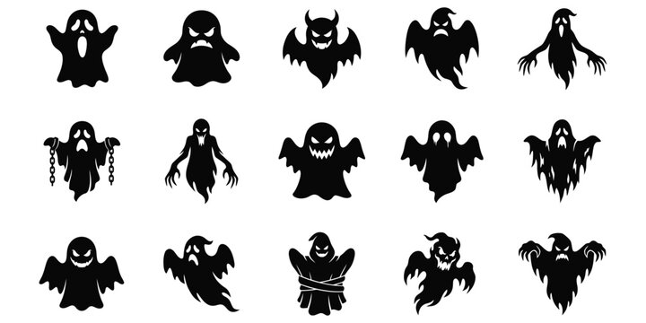 Spooky halloween ghosts and ghouls collection black silhouette icons for festive designs
