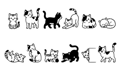 Cute Cat Kitten Poses Collection Sleeping Sitting Walking Pet Animal Outline Vector Illustration Set © SobujChandra
