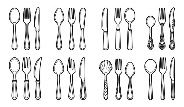 Hand Drawn Spoon Fork Knife Cutlery Collection Dining Table Utensils Outline Vector Illustration