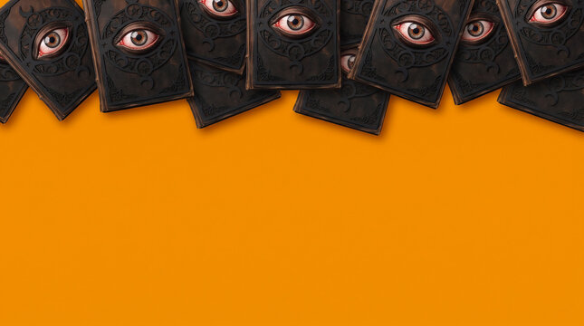 Halloween orange background featuring antique spell books top border with spooky copy space for witch party invitation, greeting card, banner, poster and autumn design