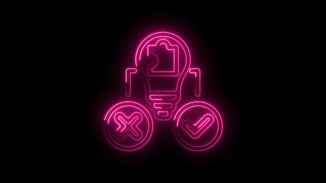 Neon light bulb with puzzle piece inside and checkmark cross symbols decision making concept... icon