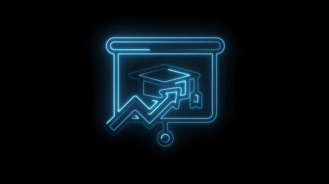 Glowing blue neon graduation cap icon on presentation board with upward trending graph