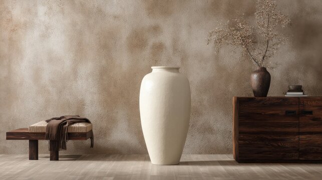 Oversized matte ivory ceramic floor vase as the central foreground object, elegant modern autumn interior with textured microcement walls and walnut