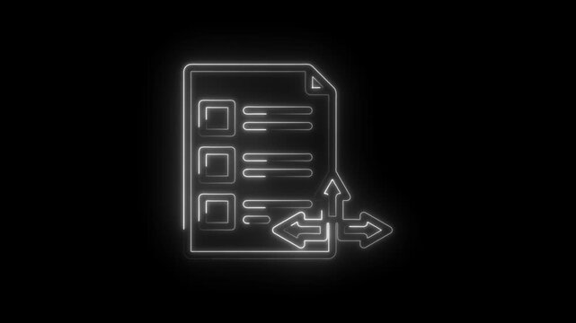 Glowing neon checklist document with outgoing arrows symbolizing task completion data export icon