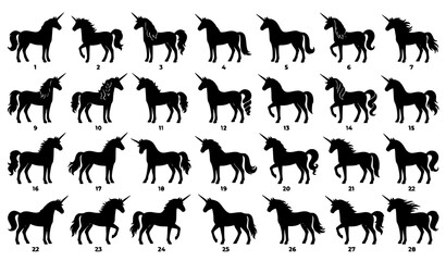 Black Horse Silhouette Collection Featuring Running Standing and Walking Equine Pose Vector Set © SobujChandra