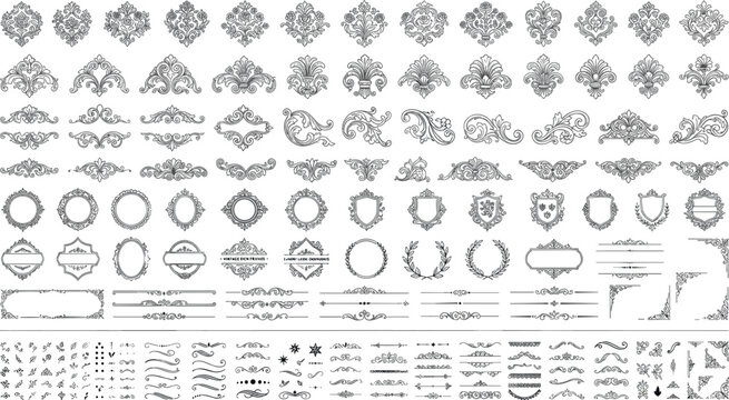 Massive bundle of vintage heraldic shields baroque ornaments filigree frames elegant text dividers and ornate corner borders collection