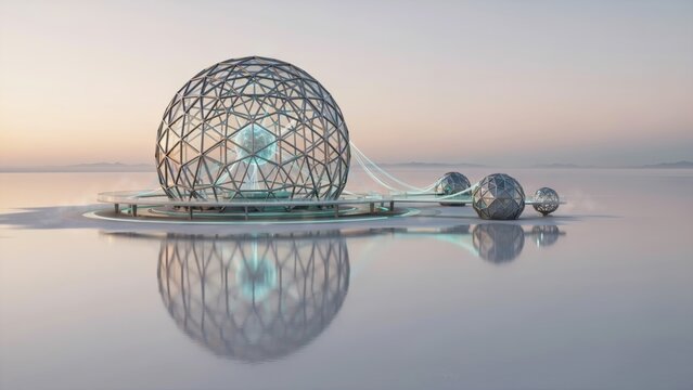 Futuristic glass dome structure on a vast reflective salt flat landscape
