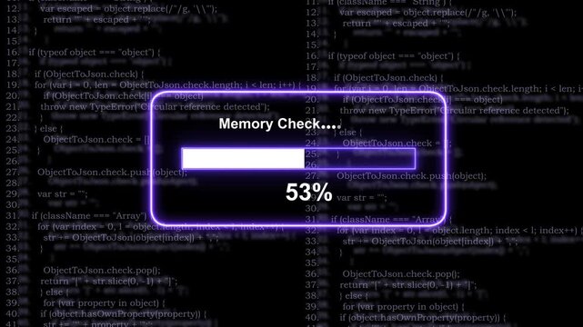 Dynamic digital memory check progress bar animation featuring glowing neon ui overlaid on abstract scrolling software source code background, for high-tech computing, and data processing projects