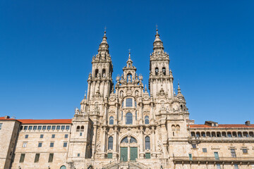 Fototapeta premium Historic santiago de compostela cathedral facade, iconic landmark and final destination for pilgrims on the way of saint james in Galicia, Spain