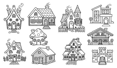 Obraz premium Village House Outline Collection with Cottages Cabins Churches and Residential Building Illustrations
