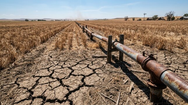Dry cracked earth with irrigation pipes in a parched field during drought