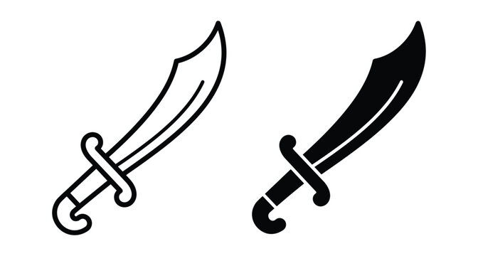 Scimitar sword icon set featuring curved blade saber weapon in outline and solid black silhouette styles for pirate or warrior designs