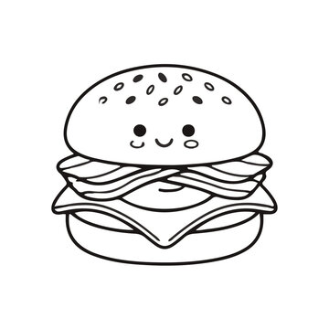 Cute kawaii style burger illustration with a smiling face for cheerful food design and children friendly projects