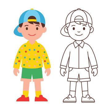 Two cartoon boys wearing colorful clothing and hats side by side smiling