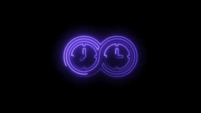 Two glowing neon purple clocks side by side on icon black background abstract time concept