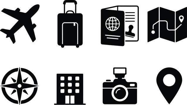 Black silhouette travel icons set featuring plane airplane suitcase passport map camera compass and location pin markers