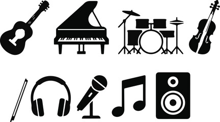 A set of detailed black musical instrument icons including guitar piano drum kit violin microphone and speakers © Tahmina