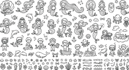 Massive bundle of cute cartoon mermaids sea creatures scuba divers children building sandcastles and underwater marine life line art elements © MdJamanur