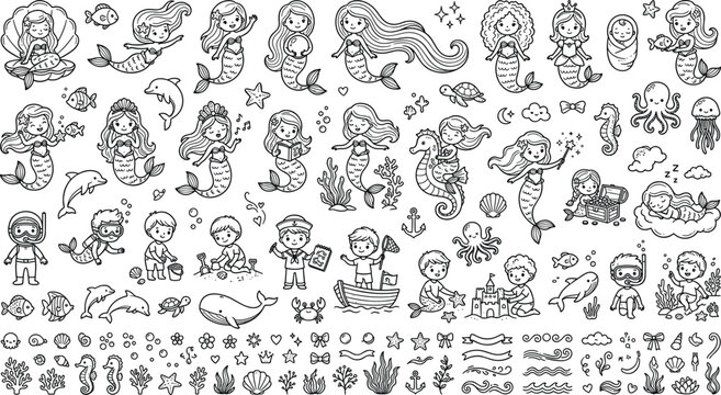 Massive bundle of cute cartoon mermaids sea creatures scuba divers children building sandcastles and underwater marine life line art elements
