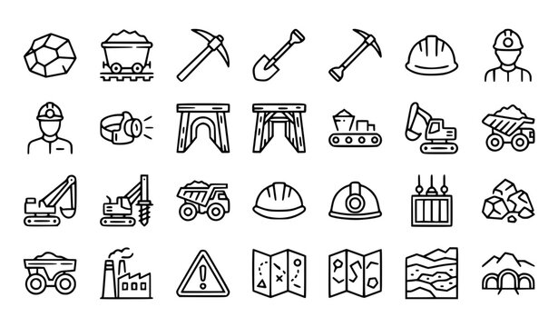 Coal Mining Line Icon Set Editable Stroke Vector Illustration