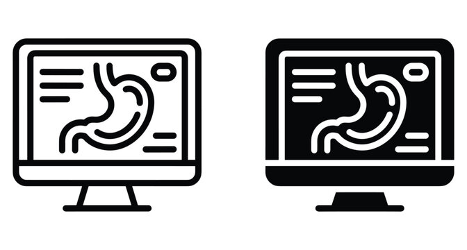Medical monitor displaying human stomach anatomy for gastroscopy endoscopy diagnostic examination healthcare technology digital screen icon set line and solid