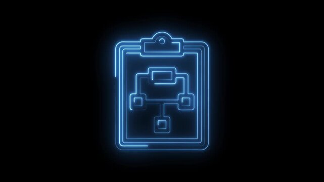 Neon blueprint flowchart on clipboard glowing blue lines abstract background business icon