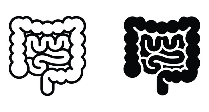 Human intestine icons representing digestive system health with large and small bowel anatomy in outline and solid black silhouette styles
